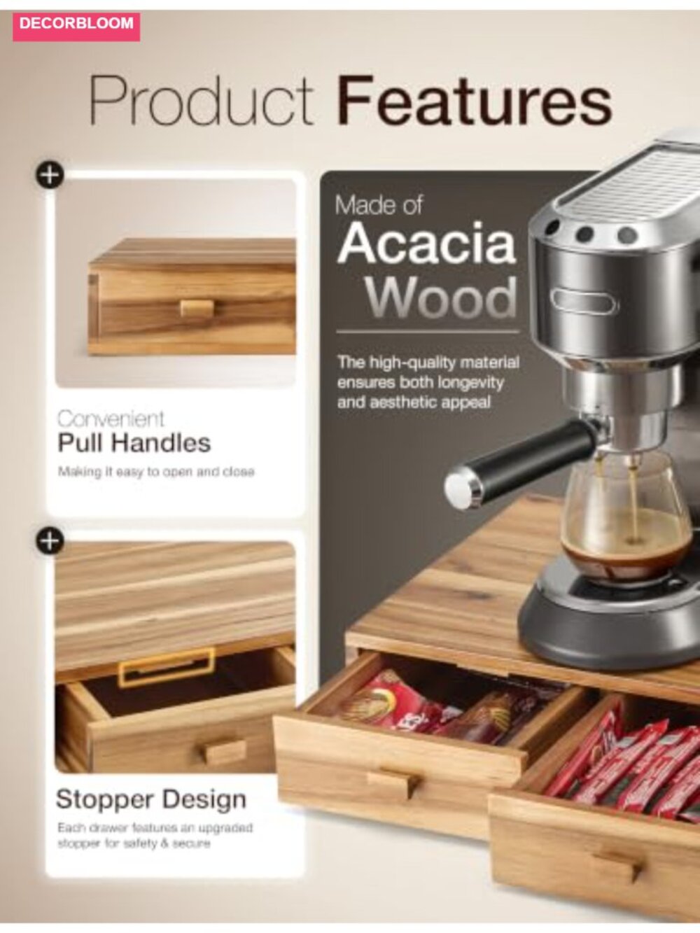 Acacia Wood 30-Pod Coffee Pod Storage Box with Drawers for K-Cup - Picture 2 of 6
